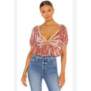 Revolve x Free People Large Pink Velvet Top Lace Puff Sleeves Whimsy Romantic